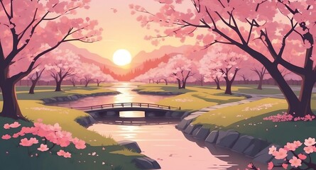 Wall Mural - cherry blossoms in spring season sunset landscape flat cartoon style illustration design background copy space backdrop