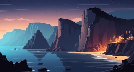 coastline with high cliffs night landscape flat cartoon style illustration design background copy space backdrop