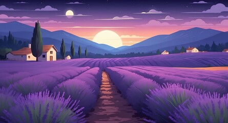 Wall Mural - lavender field in full bloom night landscape flat cartoon style illustration design background copy space backdrop