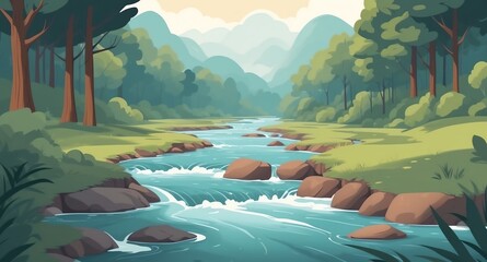 Sticker - river flowing through the forest landscape flat cartoon style illustration design background copy space backdrop