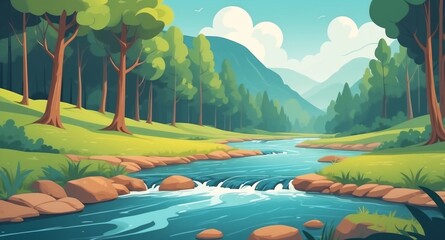 Canvas Print - river flowing through the forest landscape flat cartoon style illustration design background copy space backdrop