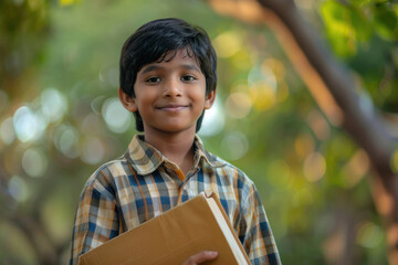 Cute indian school boy smiling and holding books