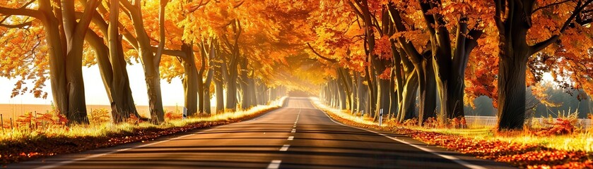 Sticker - Autumn Road Through Golden Trees.