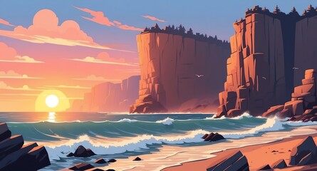 Wall Mural - rocky cliffs by the sea sunset landscape flat cartoon style illustration design background copy space backdrop