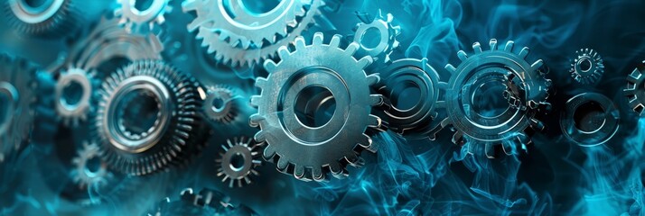 Poster - Array of blue metallic gears surrounded by smoke and light effects. Ideal for engineering, industrial backgrounds, and technological innovation concepts.