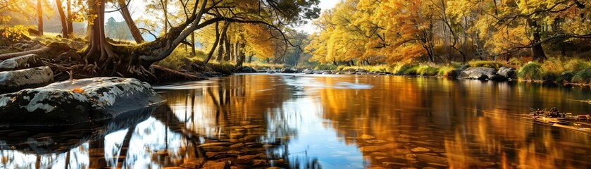 Canvas Print - Golden Autumn Reflections in a River.