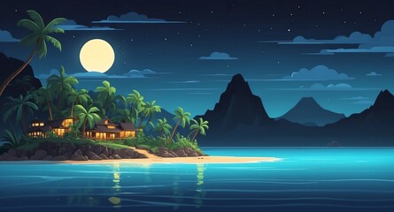 Wall Mural - tropical island in vast ocean night landscape flat cartoon style illustration design background copy space backdrop