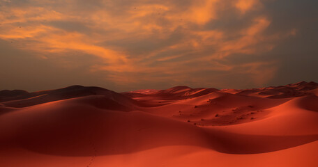 Wall Mural - Sand dunes in the Sahara Desert at amazing sunrise, Merzouga, Morocco - Orange dunes in the desert of Morocco - Sahara desert, Morocco