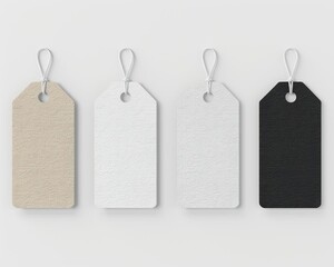 Set of four blank tags in beige, white, and black, ideal for labeling, pricing, or crafting in a minimalist design.