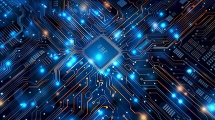 Poster - High-tech microchip on motherboard with illuminated pathways and nodes. Digital age and innovation.