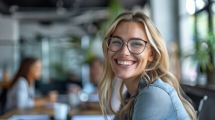 Canvas Print - Confident and Radiant: A young professional woman with a warm, genuine smile and stylish glasses exudes confidence in her professional environment.  