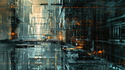 Poster - Abstract futuristic cityscape with digital data flow. Concept of a high-tech, connected urban environment.