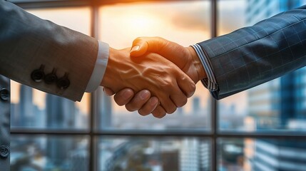 Wall Mural - Handshake of Agreement: A close-up shot of two businessmen shaking hands, symbolizing a successful deal or partnership. 