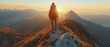© poom - Hiker on a mountain peak at sunrise, wideangle shot, dramatic lighting, inspiring and adventurous mood