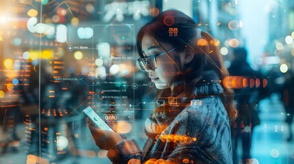 Young Woman Using Mobile Banking App in a Futuristic City Setting