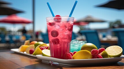 Wall Mural - A Tropical Cocktail Garnished With Fruit In An Outdoor Setting 