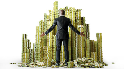 Rich African American businessman with opened arms standing facing huge pile stacks of Singapore dollar notes. man looking at a lot of heaped bundles of money isolated on transparent background 