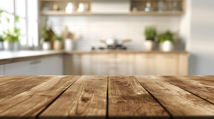 Poster - Wood table top on blur kitchen counter (room)background.