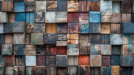 Poster - Wood aged art architecture texture abstract block stack on the wall for background, Abstract colorful wood texture for backdrop.