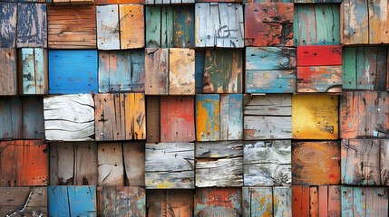Poster - Wood aged art architecture texture abstract block stack on the wall for background, Abstract colorful wood texture for backdrop.