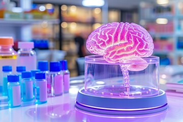 Sticker - Brain in Laboratory Setting with Colorful Chemical Vials