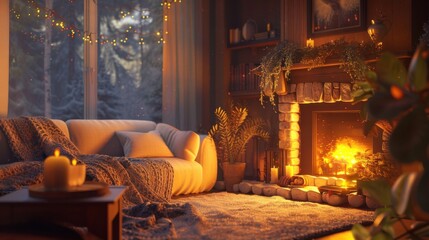 Poster - The living room is warm and inviting with a crackling fireplace, a plush couch with a soft blanket, and a window view of a snowy forest. The room is decorated with candles, string lights, and a lush g