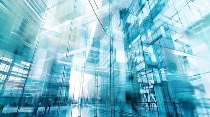 Poster - Abstract view of a high-tech glass building with reflections and light effects. Symbolizes modern architecture, engineering, and technological advancement.