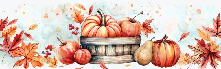 Poster - A watercolor illustration depicting an autumn harvest scene with pumpkins, apples, and a pear. The pumpkins, one large and one small, are placed in a wooden bucket. There are two apples and a pear in 
