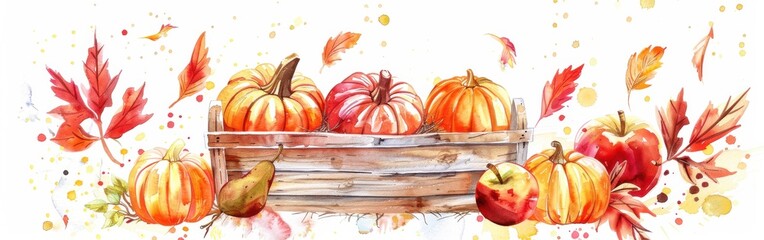 Poster - A watercolor painting depicts a wooden crate filled with three pumpkins, a pear, and two apples. Fall leaves in shades of red, orange, and yellow are scattered around the crate, with some leaves float