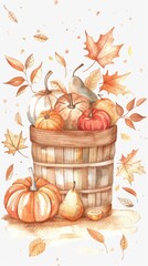Poster - A watercolor painting depicts a wooden bucket overflowing with pumpkins, pears, and fall leaves. The bucket is made of light wood, with visible grain. The pumpkins are orange and yellow, and the pears