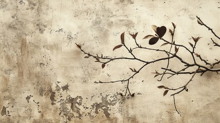 Sticker - Vintage effect on artificial tree branch with painted heart and aged sepia tones