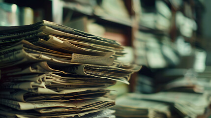 Poster - Pile of old newspapers, selective focus