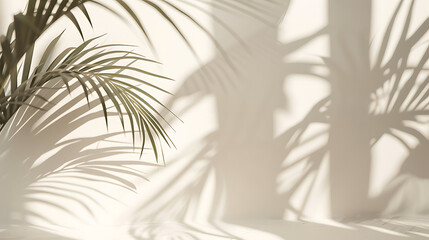 Poster - Palm leaf shadows on white wall and cream pastel floor. Abstract background of shadows palm leaves for creative summer mock-up. Neutral tropical palm mockup on light backdrop. Vertical