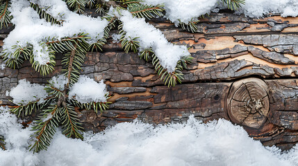 Poster - Old wood texture with snow and firtree