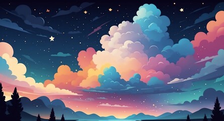 Poster - colorful night cloud sky with stars landscape flat cartoon style illustration design background copy space backdrop