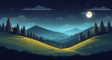 Wall Mural - hills with scattered trees night landscape flat cartoon style illustration design background copy space backdrop