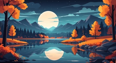 Wall Mural - lake with surrounding autumn trees night landscape flat cartoon style illustration design background copy space backdrop