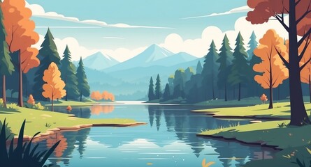 Sticker - lake with surrounding trees landscape flat cartoon style illustration design background copy space backdrop