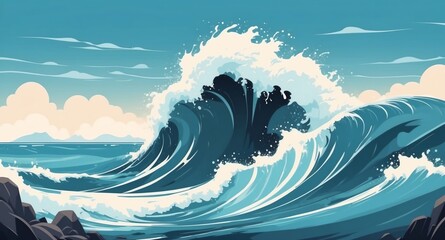 Wall Mural - ocean with crashing waves landscape flat cartoon style illustration design background copy space backdrop