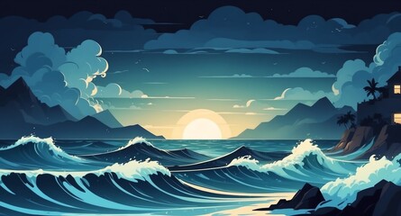 Canvas Print - ocean with crashing waves night landscape flat cartoon style illustration design background copy space backdrop