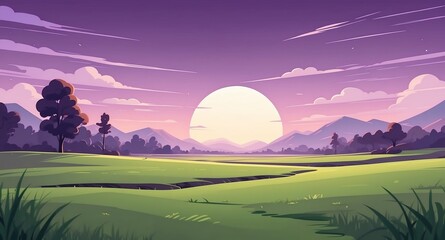 Sticker - plain grass land with purple sky landscape flat cartoon style illustration design background copy space backdrop