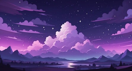 Wall Mural - purple night cloud sky with stars landscape flat cartoon style illustration design background copy space backdrop