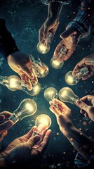Poster - Hands holding glowing light bulbs in a circle against a dark background. Collaboration and sharing ideas concept.