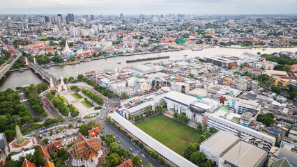 Bangkok Thailand old town aerial view cityscape with river and modern smart city skyline 