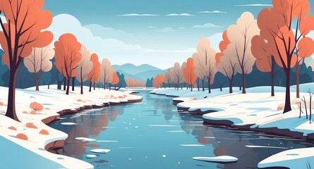 Sticker - river with surrounding winter trees landscape flat cartoon style illustration design background copy space backdrop