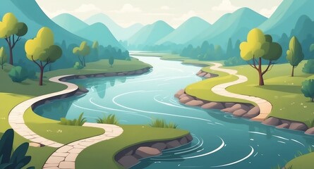 Poster - river with winding path landscape flat cartoon style illustration design background copy space backdrop