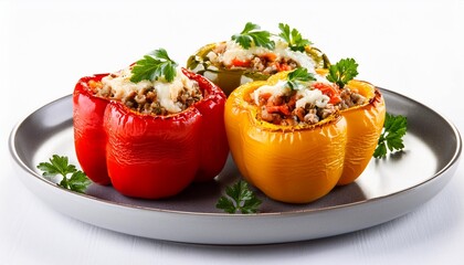 Wall Mural - Tasty dish stuffed bell peppers on white background