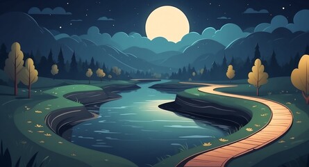 Wall Mural - river with winding path night landscape flat cartoon style illustration design background copy space backdrop