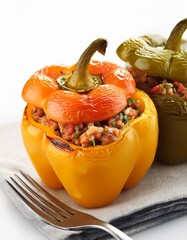 Wall Mural - Tasty dish stuffed bell peppers on white background