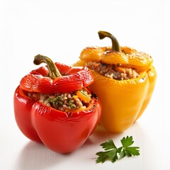 Wall Mural - Tasty dish stuffed bell peppers on white background